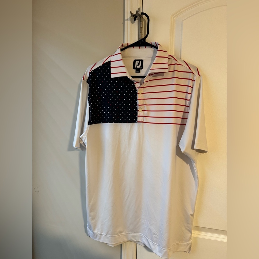 FootJoy Men's Red, White and Blue Striped Polo - Size Small